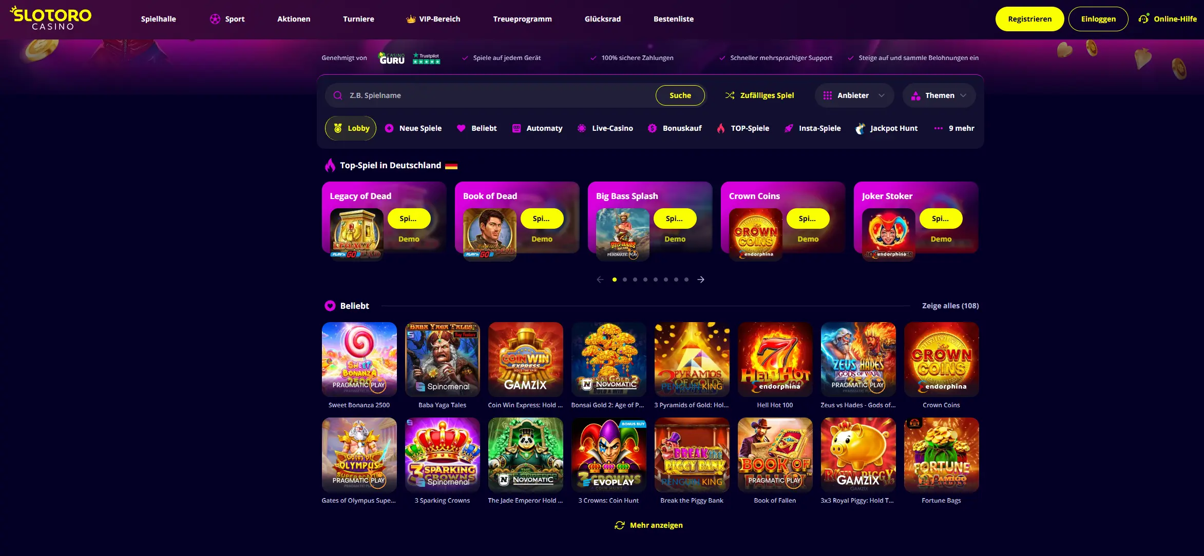 Slotoro Casino lobby cu sloturi si oferte bonus